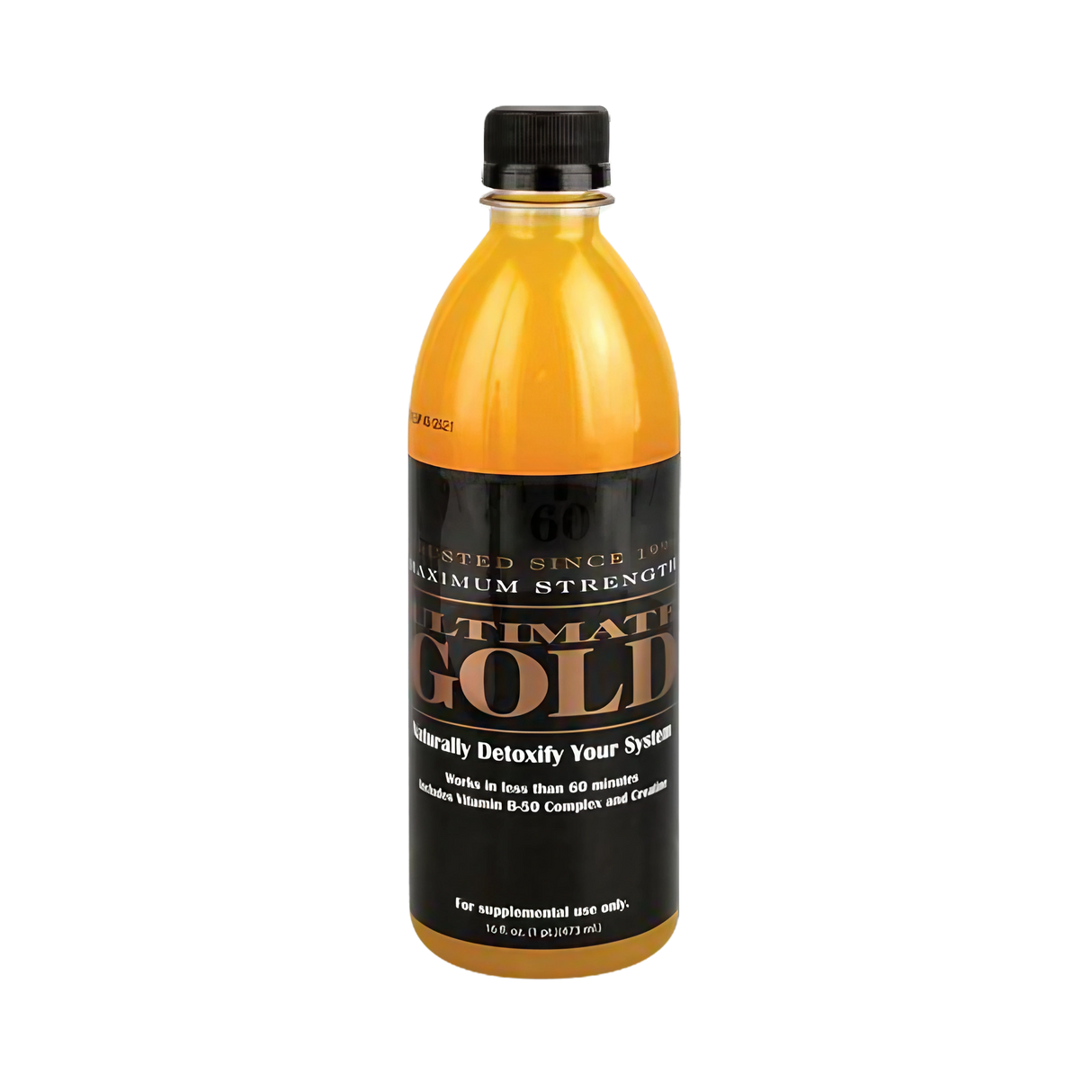 Ultimate Gold 16oz detox drink in orange bottle, front view, designed for system cleanse