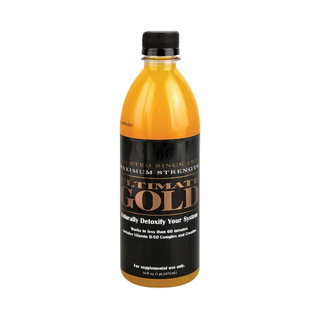 Ultimate Gold 16oz detox drink in orange bottle, front view, designed for system cleanse