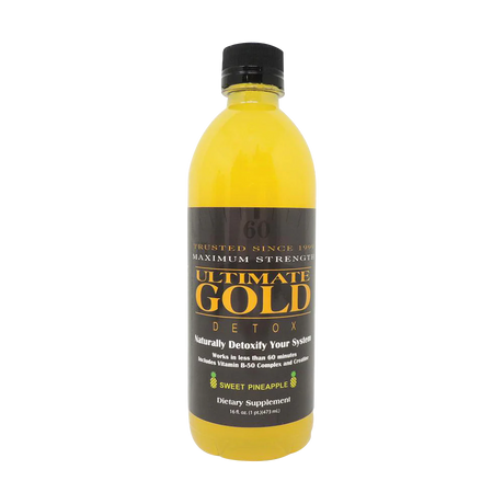 Ultimate Gold Detox 16oz Drink in Sweet Pineapple flavor, front view on white background