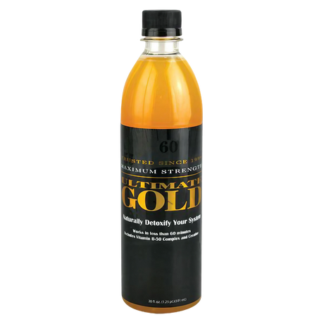 Ultimate Gold 20oz Detox Drink in orange bottle, front view, with closable black cap