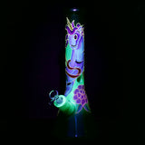 Unicorn Glow Beaker Water Pipe, 13.5" tall with 14mm female joint, Borosilicate Glass, front view