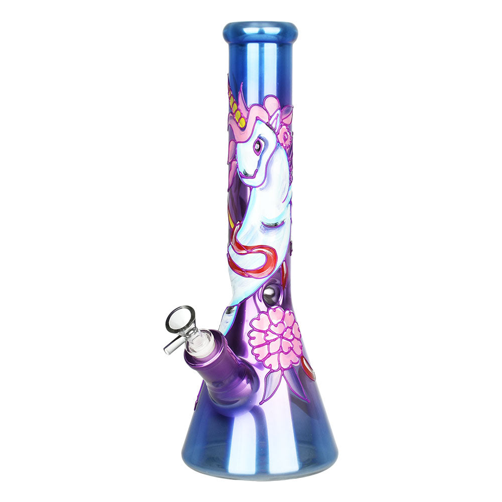 Purple Unicorn Glow Beaker Water Pipe, 13.5", 14mm Female Joint, Borosilicate Glass, Front View
