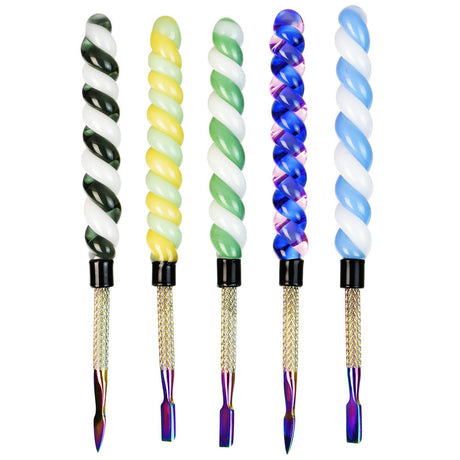 Assorted Unicorn Horn Glass Dab Tools with Anodized Steel Handles, 6 inches, Front View