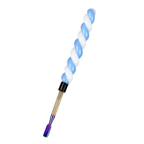 Unicorn Horn Glass & Steel Dab Tool with Blue and White Spiral Design, Compact & Portable