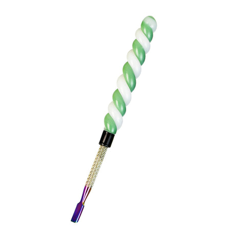 Unicorn Horn Glass Dab Tool with Green and White Spiral Design on Seamless White Background