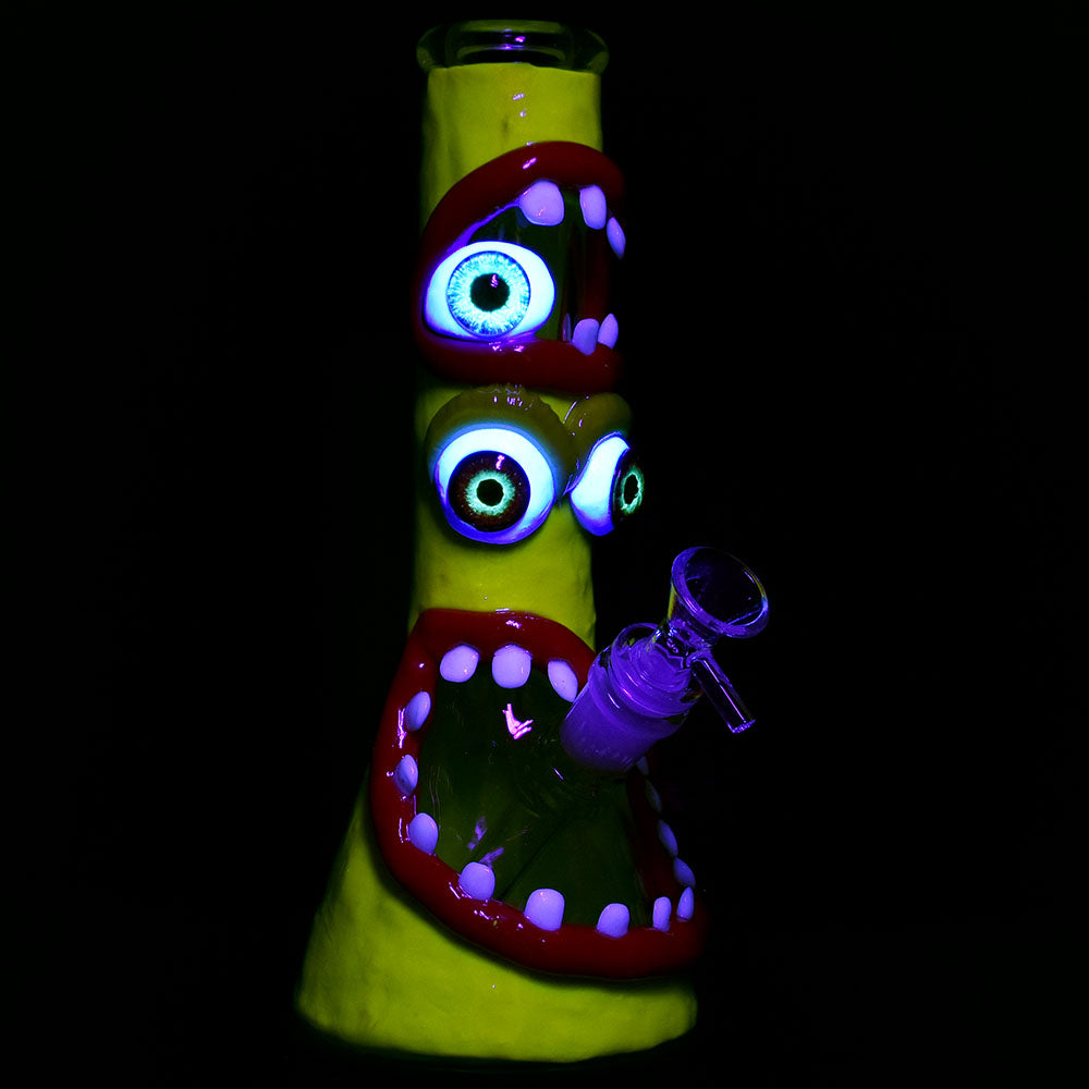 UV Reactive Maniacal Monster 10" Beaker Water Pipe with 3D Painted Design - Front View