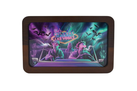V Syndicate High-Def Wood Rollin' Tray with vibrant Las Vegas design, medium size, front view