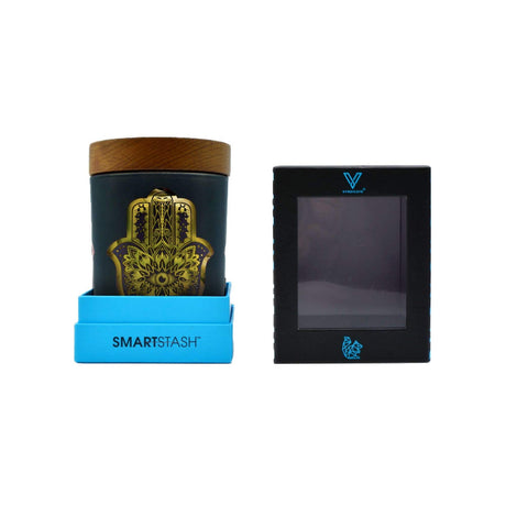 V Syndicate Smart Stash Jar - Small, compact wooden design with Hamsa print, front view on white background