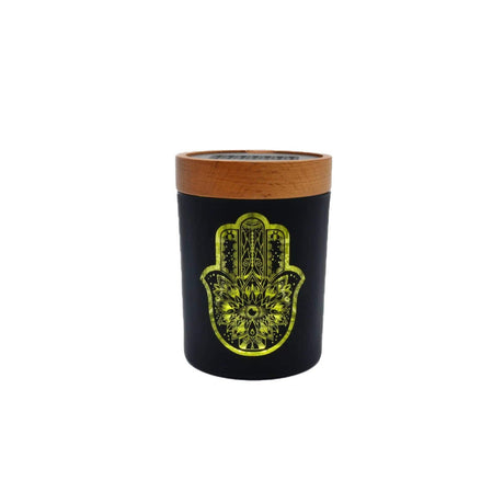 V Syndicate Smart Stash Jar Small - Hamsa Yellow Design, Front View, Portable Wood Container