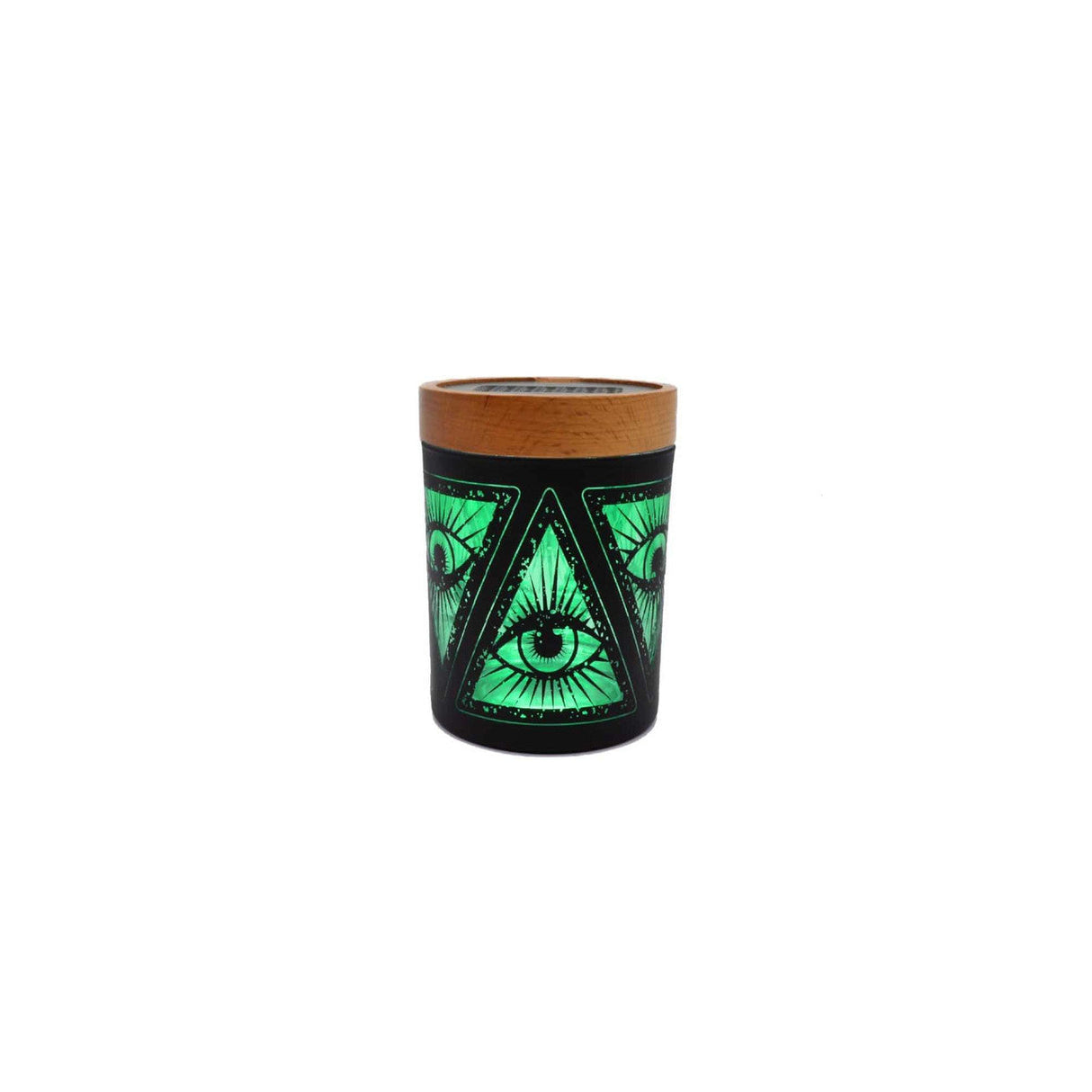 V Syndicate Smart Stash Jar, Small, Illuminati Green with Wooden Lid, Front View, Portable Design