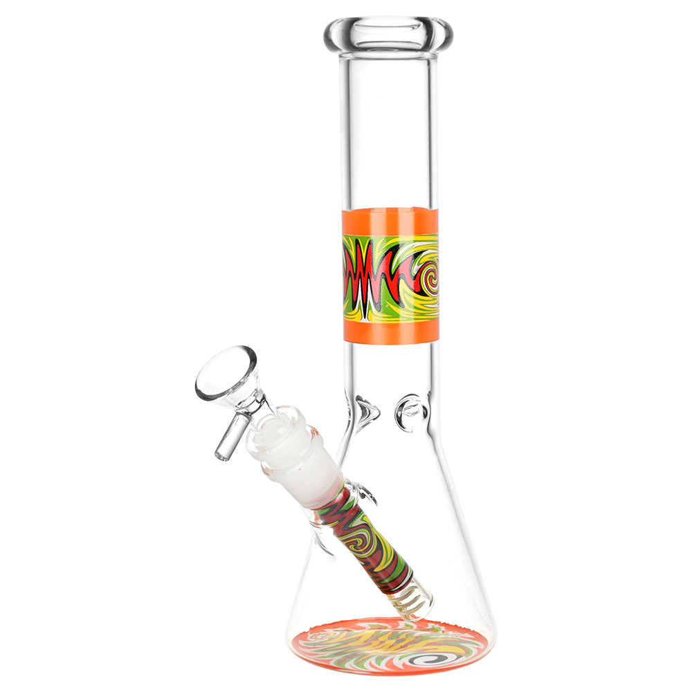 Vacillating Vibe Beaker Water Pipe, 9.75" with Red Wig Wag Design, Front View