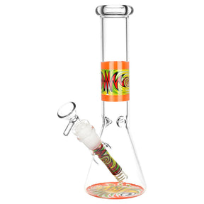 Vacillating Vibe Beaker Water Pipe, 9.75" with Red Wig Wag Design, Front View