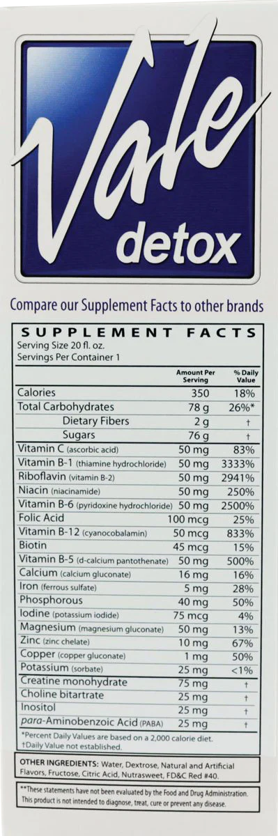 Vale Detox "Sweet Apple" 20 oz bottle front view showcasing nutritional information.
