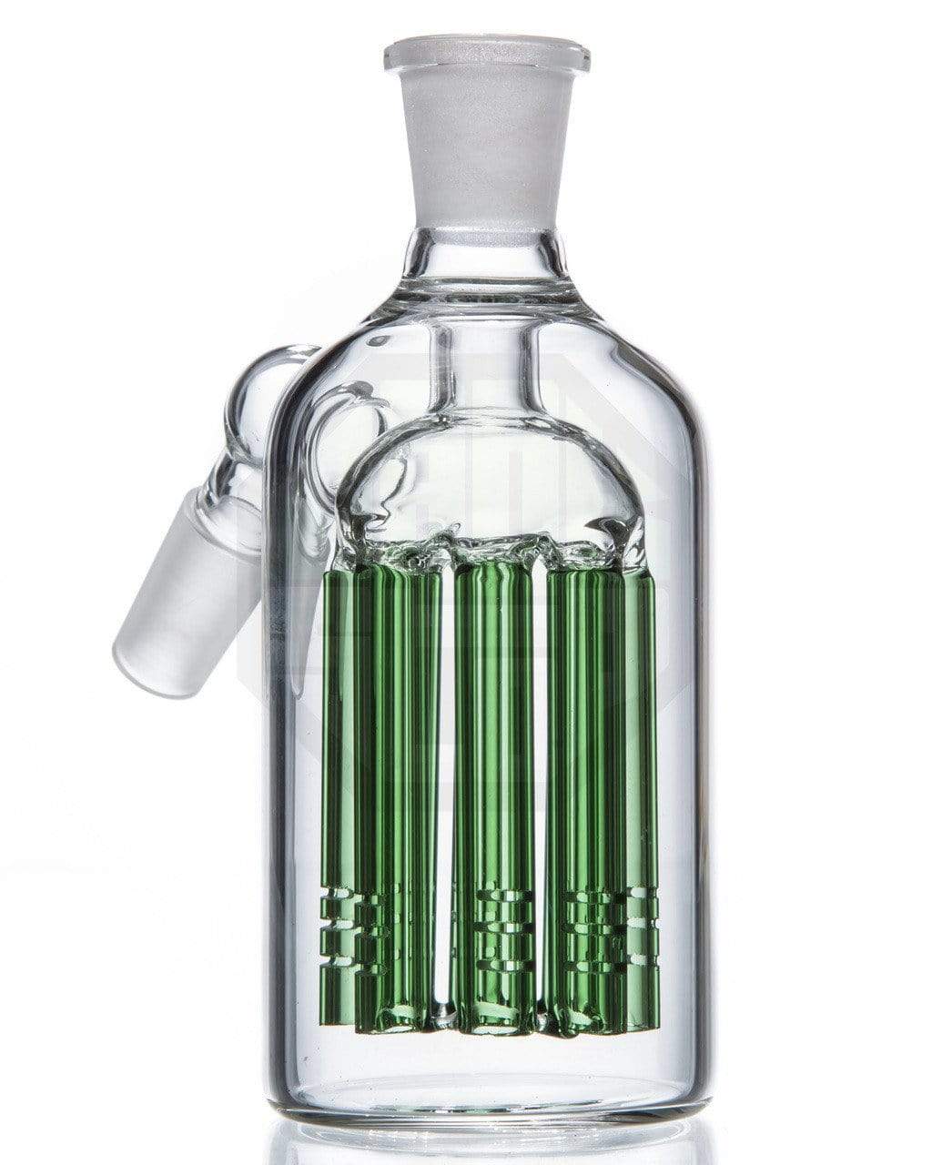 Valiant's Clear 8-Arm Percolator Ashcatcher, 45° 18mm Male Joint, Compact Design, Front View