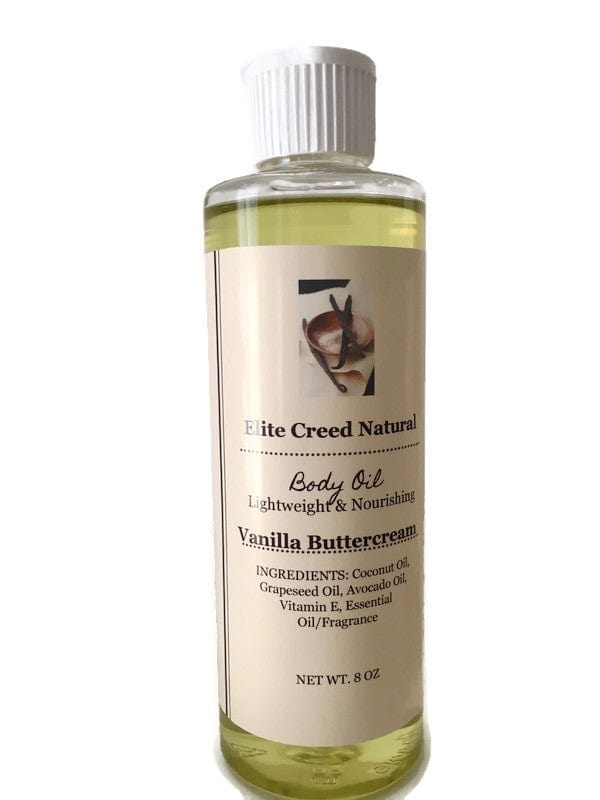 Elite Creed Natural Vanilla Buttercream Scented Body Oil, Lightweight & Nourishing, Front View