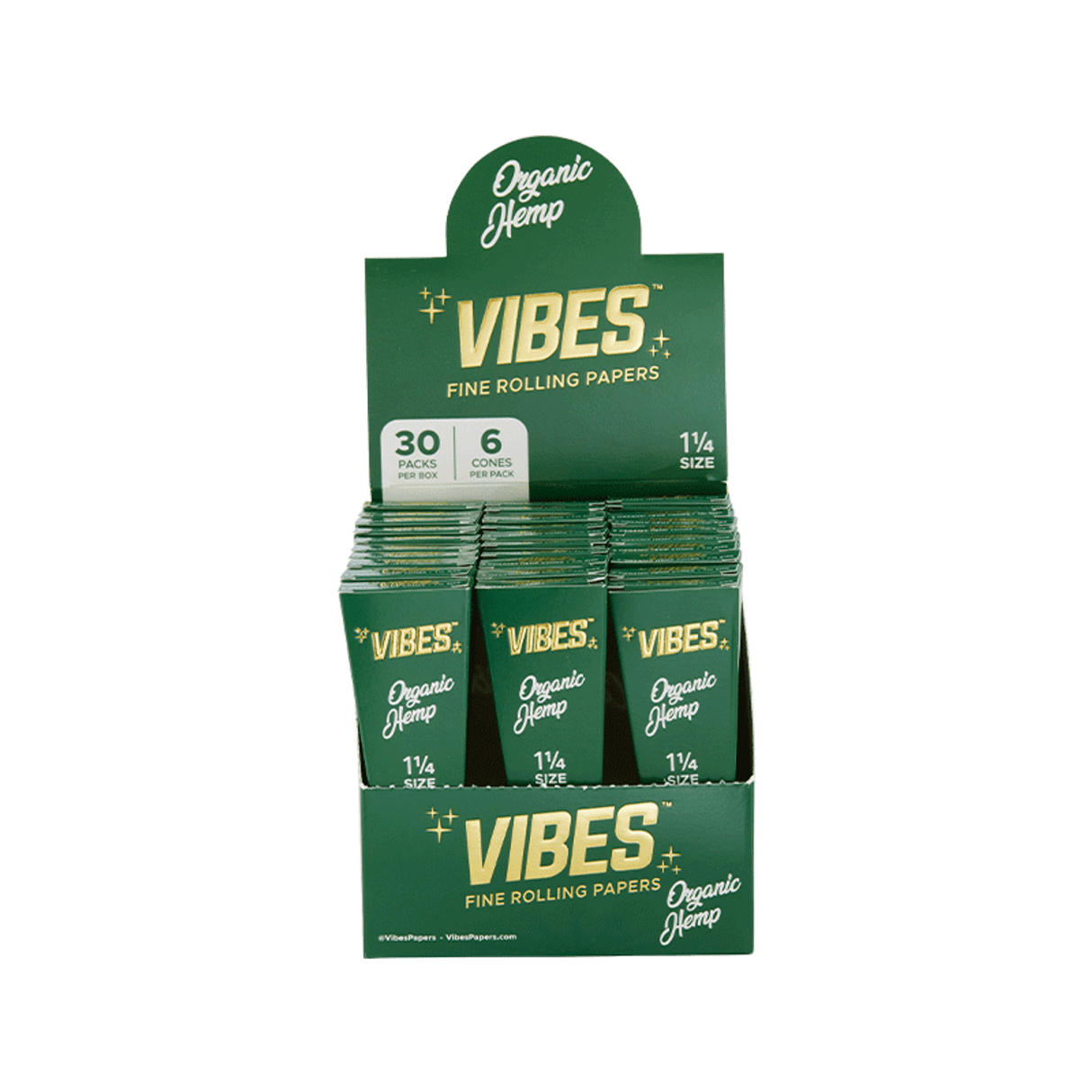 Vibes Organic Hemp Cones Box - 1.25" Size Front View with 30 Packs Display