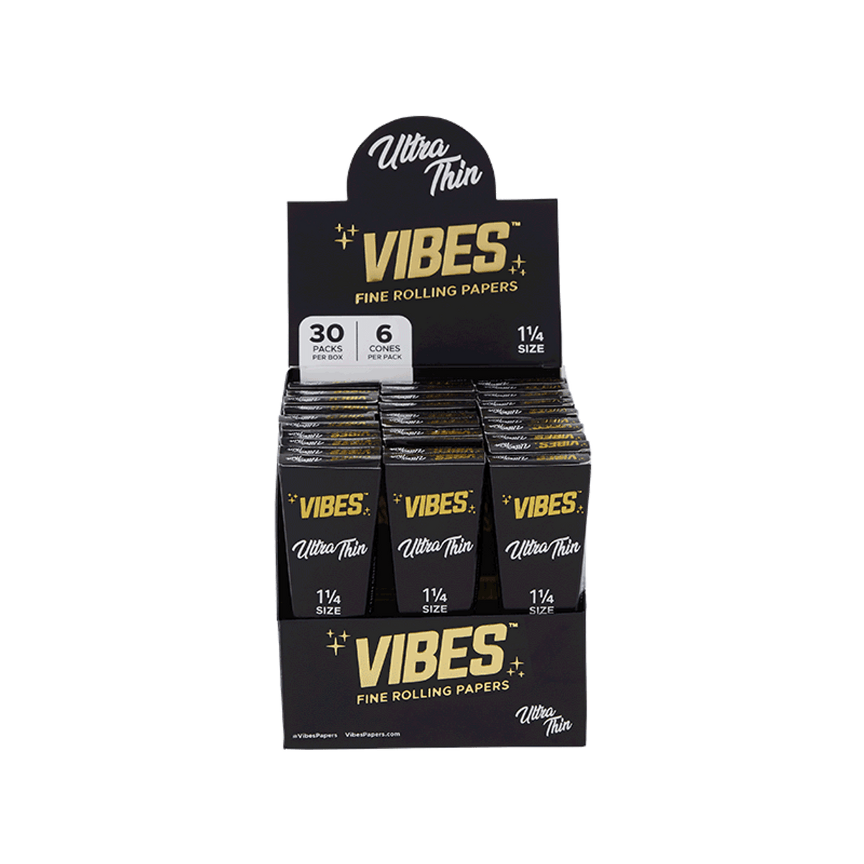 Vibes Ultra Thin 1.25" Cones Box, 180pk, Front View on Seamless White Background