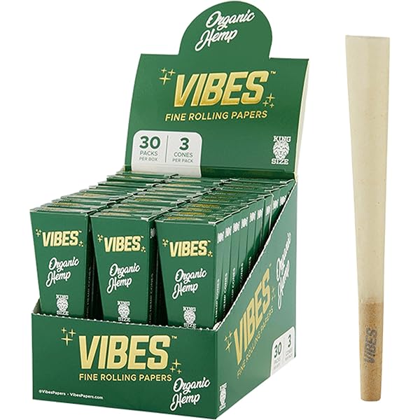 Vibes Organic Hemp Cones Box - 1.25" with 90pk Display and Single Cone Side View