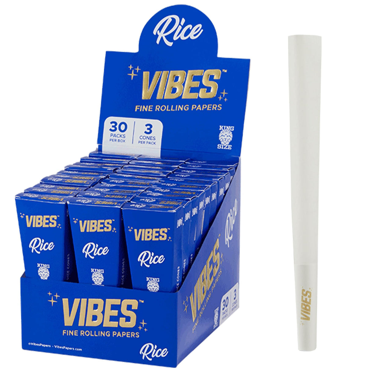 Vibes Cones Box in blue, displaying 1.25" rice rolling papers, side view with a single cone