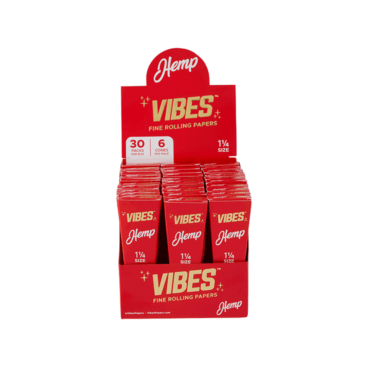 Vibes Hemp Rolling Papers Cones Box, King Size, 180pk Red Display Front View