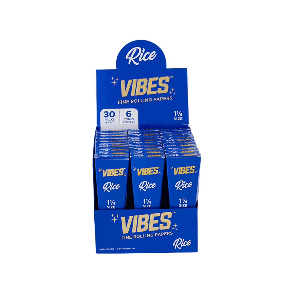 Vibes King Size Cones Box in Blue, 180pk Rice Rolling Papers, Front View