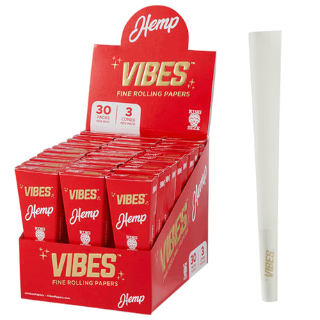 Vibes King Size Hemp Cones Box in Red with 90pk Display and Single Cone Side View