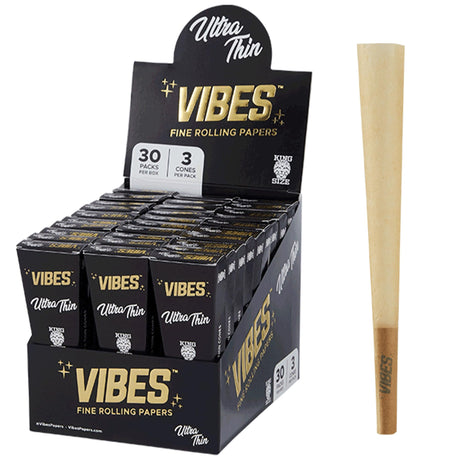 Vibes Ultra Thin King Size Cones Box with 90pk displayed and single cone side view