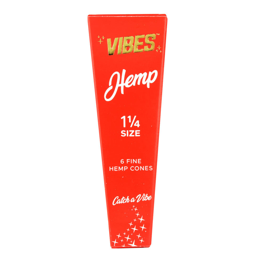 VIBES Hemp 1 1/4" Size Rolling Papers front view, 6-pack of fine hemp cones in orange and black packaging