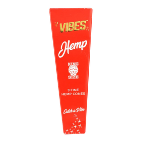 VIBES King Size Hemp Cones 30-Pack, orange package front view on striped background