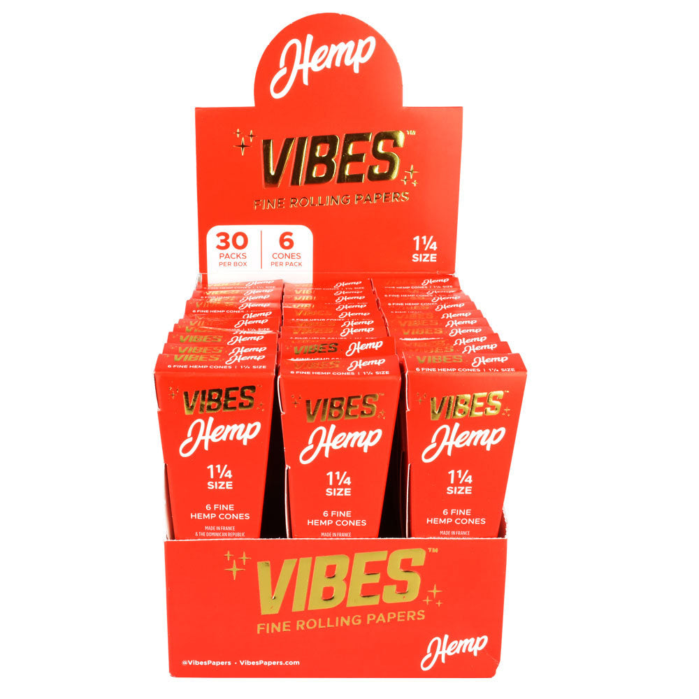 VIBES Hemp Cones 1 1/4" Size 30 Pack Display Box, Portable Hemp Rolling Papers