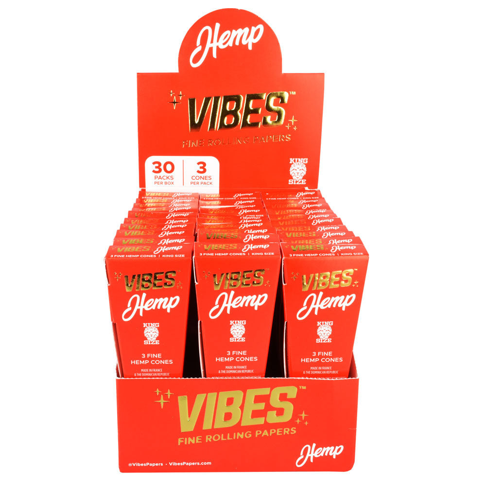 VIBES Hemp Cones display box with 30 packs of black and orange rolling papers for dry herbs
