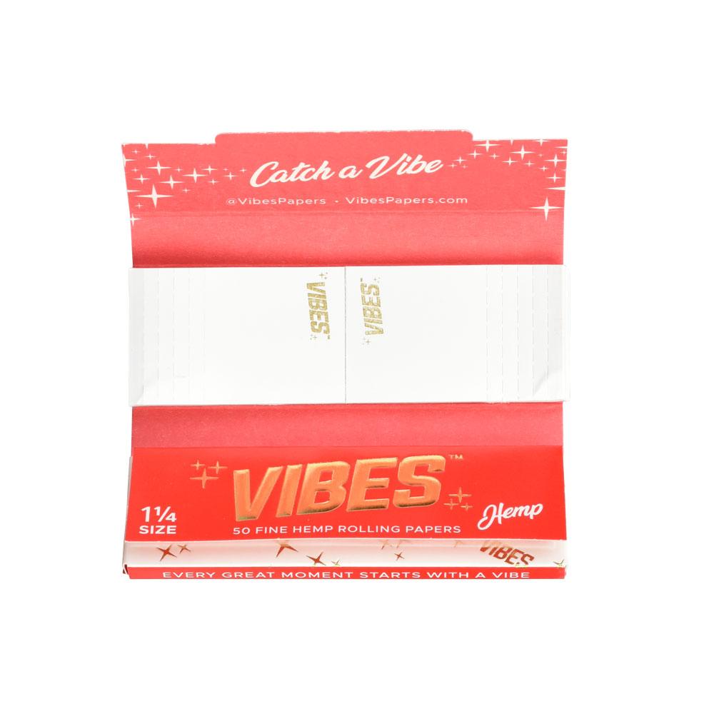 VIBES Hemp Rolling Papers 1 1/4" Size with Tips, Front View on White Background