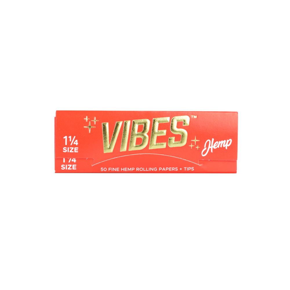 VIBES Hemp Rolling Papers 1 1/4" Size Pack with Tips, Front View on White Background
