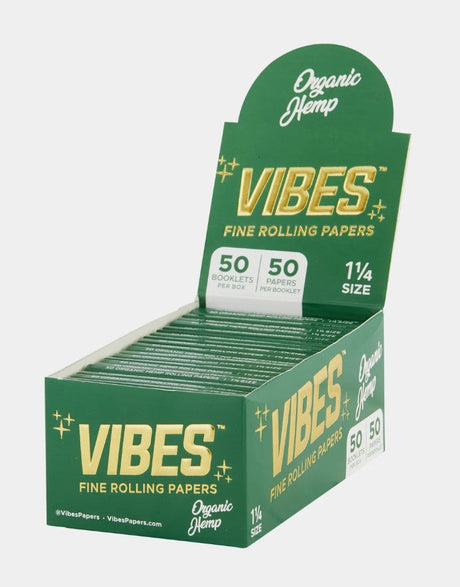 VIBES Organic Hemp 1 1/4" Rolling Papers box open with packs displayed