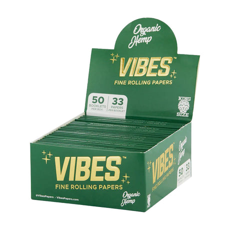 VIBES King Size Organic Hemp Rolling Papers box front view, compact and unbleached