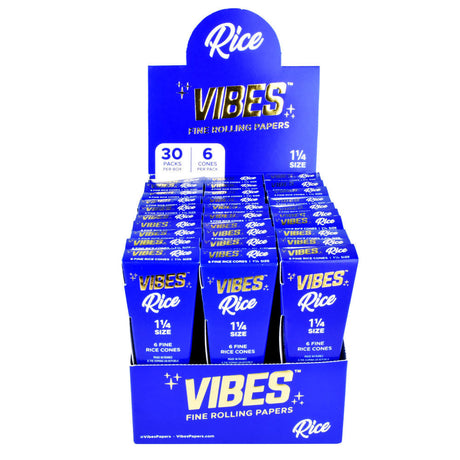 VIBES Rice Cones display box with 1 1/4" size unbleached rolling papers for dry herbs, front view