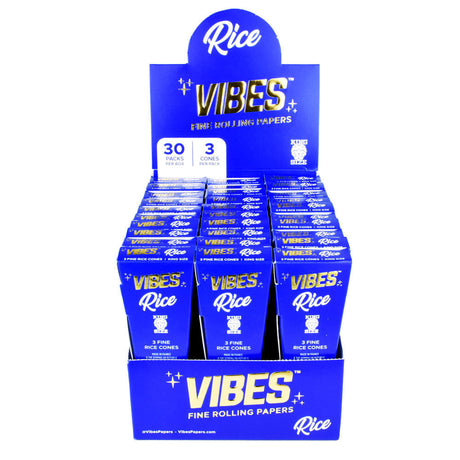 VIBES Rice Cones display box with 30 blue packs for dry herbs, front view on white background