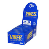 VIBES Rice Rolling Papers with Tips, 1 1/4" Size, Front View of Assorted Colors Box