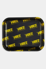 VIBES Signature Metal Rolling Tray in Black with Yellow Logo, Top View, Compact Design