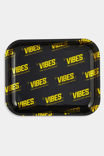 VIBES Signature Metal Rolling Tray in Black with Yellow Logo, Top View, Compact Design