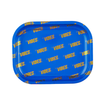 VIBES Signature Metal Rolling Tray in Blue - Large Size, 13" x 11", with Novelty Design