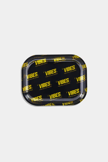 VIBES Signature Metal Rolling Tray in Black with Yellow Logo, Top View, Compact and Portable