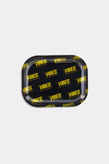 VIBES Signature Metal Rolling Tray in Black with Yellow Logo, Top View, Compact and Portable