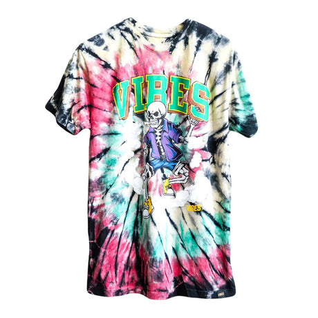VIBES Skull & Cones Tie Dye T-Shirt in Rasta colors, front view on white background