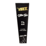VIBES Ultra Thin Cones 1 1/4" Size - Front View of Black Pack with 6 Cones for Dry Herbs