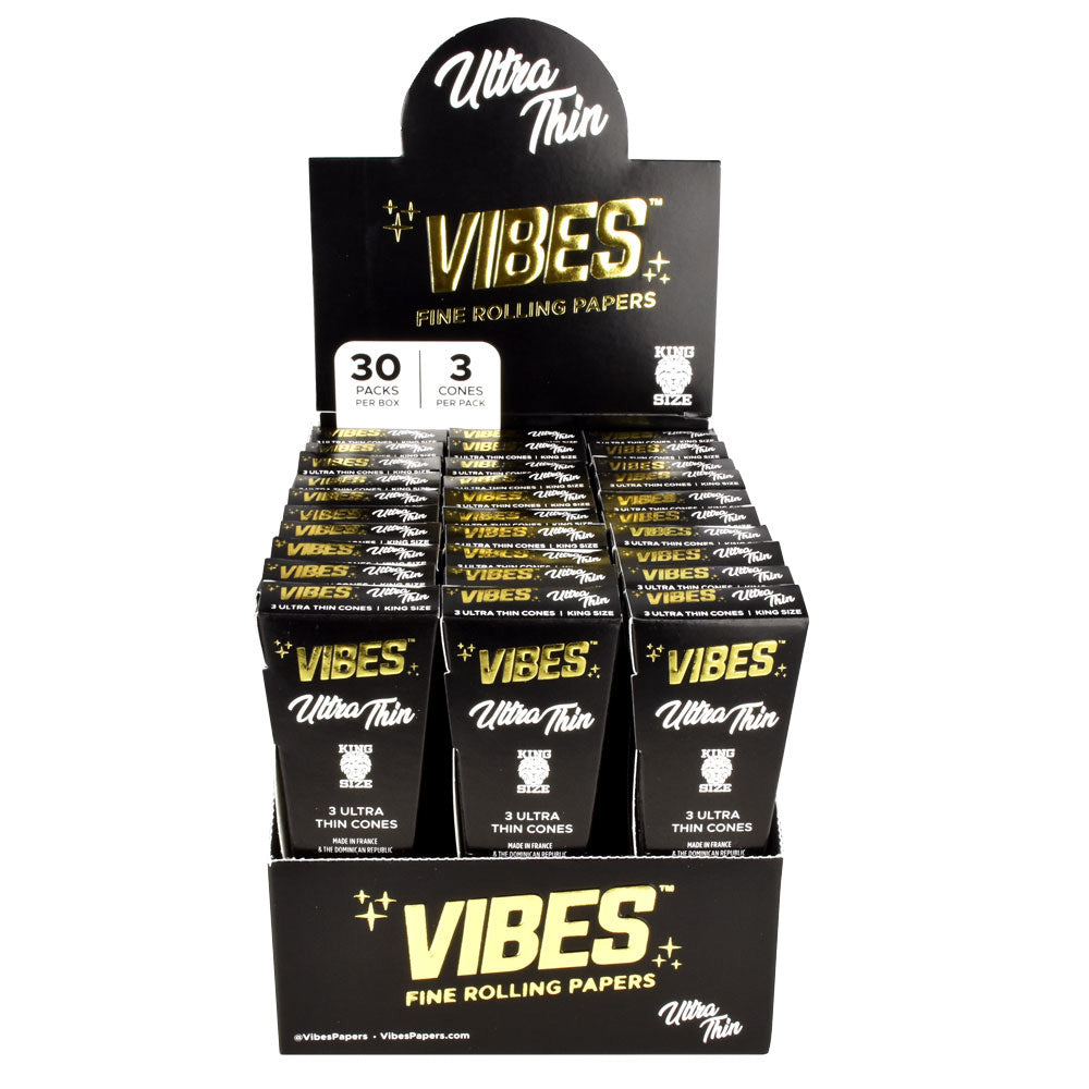VIBES Ultra Thin Cones display box with 30 packs of 98mm unbleached rolling papers for dry herbs