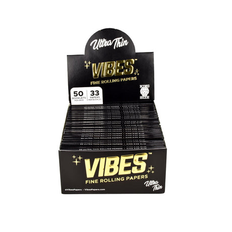VIBES Ultra Thin King Size Rolling Papers Display Box Front View, 50 Pack for Dry Herbs