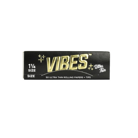 VIBES Ultra Thin Rolling Papers 1 1/4" Size with Filters, Front View on White Background