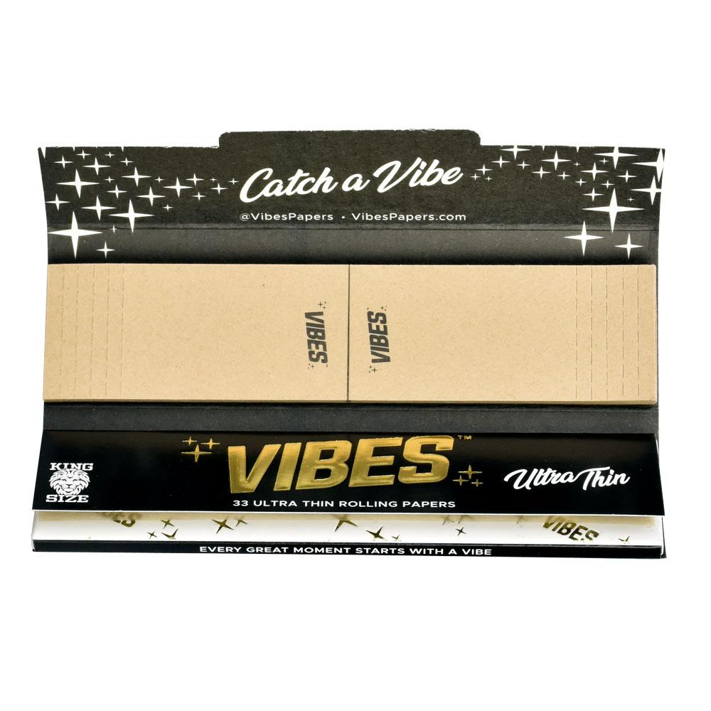 VIBES Ultra Thin Rolling Papers with Filters, King Size, Front View on White Background