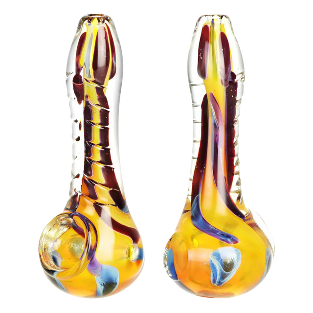 Vibrant Sea Slug Ribbed Spoon Pipe, 4.5" Borosilicate Glass, Front and Side Views